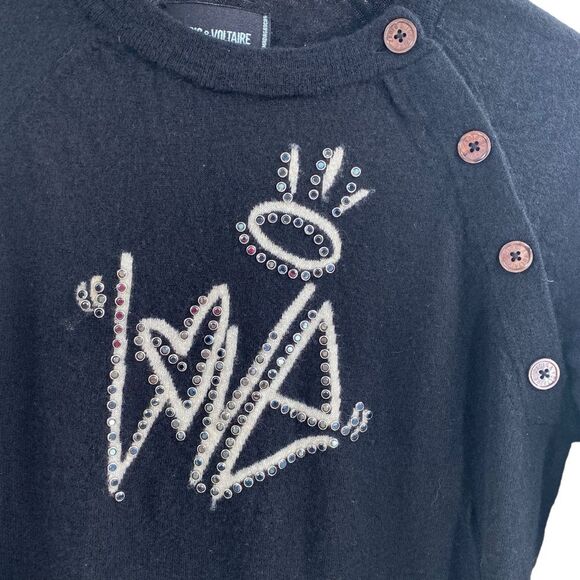 Zadig & Voltaire Women’s S Love Graphic Studded Sweater Black 100% Cashmere Goth - Picture 5 of 9